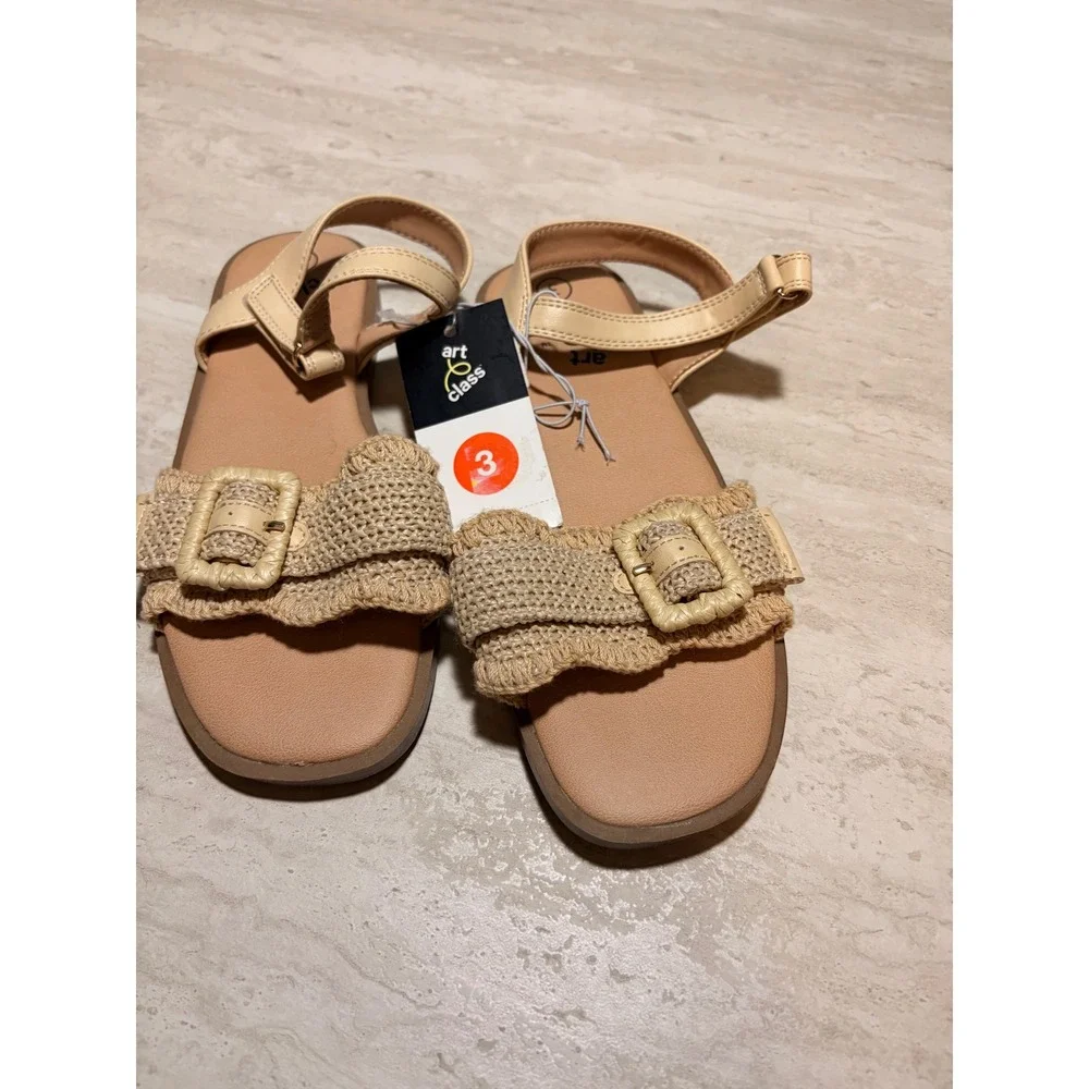Art Class Girls Beige Woven Buckle Sandals Boho Ankle Strap Size 3 NEW